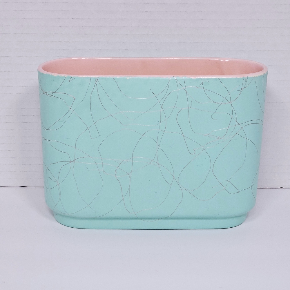 Vintage Shawnee Mid Century Modern Atomic Turquoise Silver Drizzle Vase